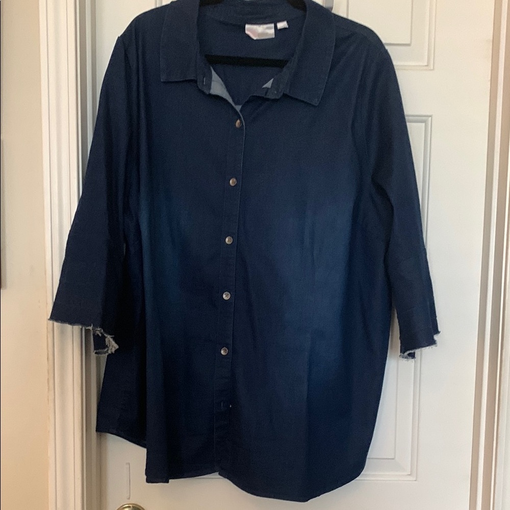 Dark Indigo Stretch DenimShirt with  raw edge detail on bell sleeve.